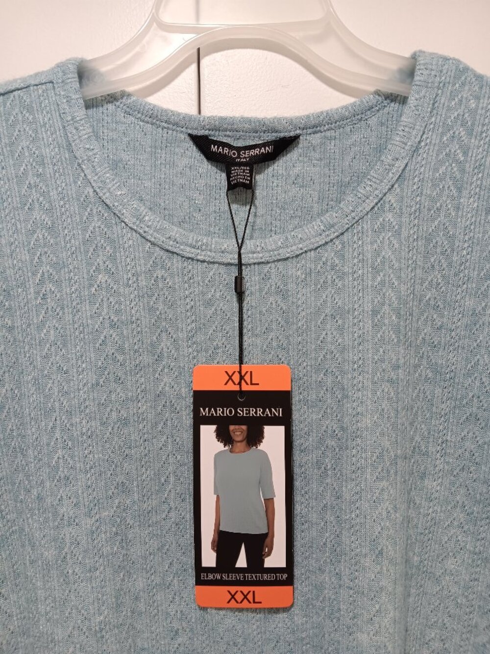 Mario Serrani Blue Pointelle Elbow Sleeve Textured Top - Size XXL 2XL NWT